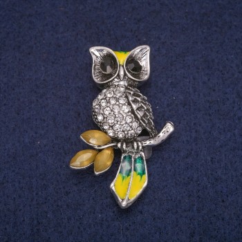 Owl Brooch with Crystals, Silver-Tone Metal 27x42 mm