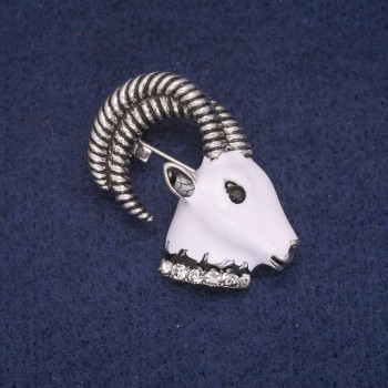 Goat Head Brooch with Enamel and Crystals, Gray Metal 33×36 mm