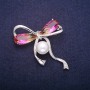 Bow Brooch with Pearl Bead and Yellow-Pink Crystals in Swarovski Style, Silver-Tone Metal 45x47mm