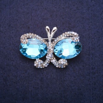 Butterfly Brooch with Blue Crystals, Silver-Colored Metal 26x38mm