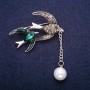 Birds Enamel Brooch with Bead and Crystals, Gray Metal, 32×41 mm
