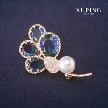 Brooch 'Sprig' with a bead and green-blue crystals in Swarovski style, gold-tone metal 32x55 mm