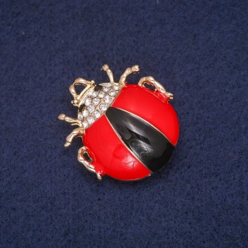 Ladybug Enamel Brooch with White Crystals, Gold-Tone Metal 28x31 mm