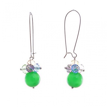 Earrings with French hook in colored small beads (crackle) and apple-green cat's-eye beads, 55 mm