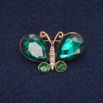 Butterfly Brooch with Green and White Crystals, Golden Metal 23×34 mm