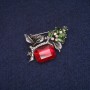 Brooch Twig with Red and Green Crystals and Rhinestones, Gray Metal 25×34 mm