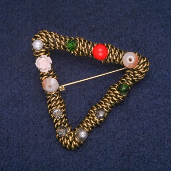 Geometric brooch with assorted beads, antique gold color, 42×47 mm