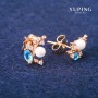 Xuping Stud Earrings with Blue Crystals and Majorca Pearls, 8x13 mm Diameter, 18K Gold Plating