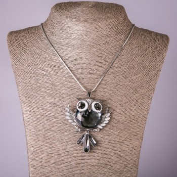 Chain Pendant Owl with Gray Crystal, 53x63 mm diameter, 75 cm length