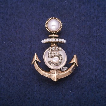 Clearance Anchor Brooch with Beads and Crystals, Gold-tone Metal 28x39mm