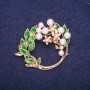Brooch 'Wreath' with Pearl Beads, Enamel, White-Green, 41×35 mm, Gold-Tone Metal