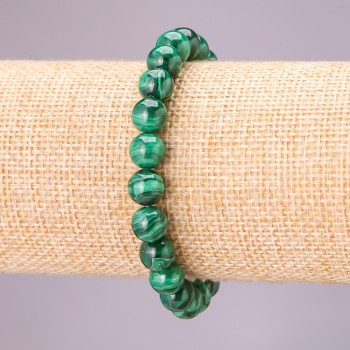 Malachite natural stone bracelet on elastic cord, smooth beads, 8 mm diameter, 18 cm length