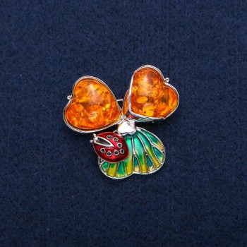 Brooch-pendant 'Ladybug' with Synthetic Amber