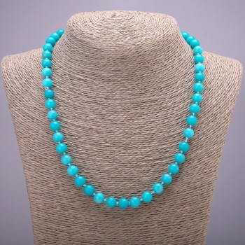 Aquamarine gemstone necklace with smooth beads, 8mm diameter, 48cm length