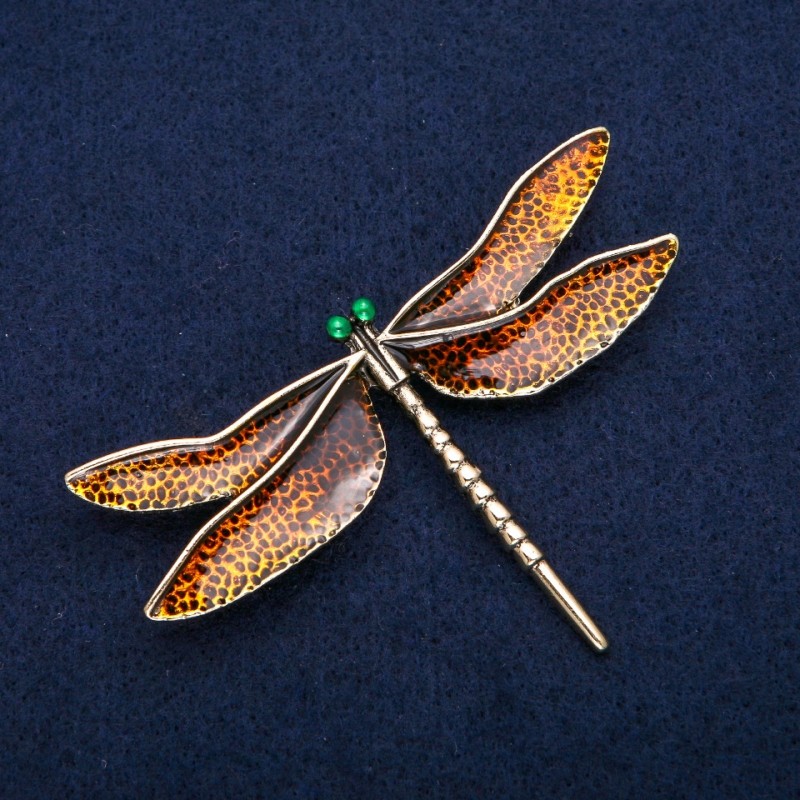 Dragonfly brooch with orange enamel