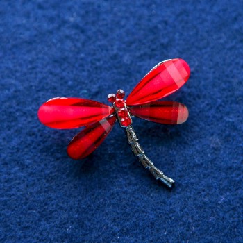 Brooch Dragonfly with crystals, silver-toned metal 32x43mm