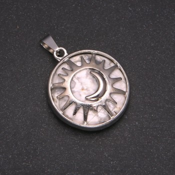Pendant made of natural Kaholong stone in a 'Sun' bezel, diameter 27 mm