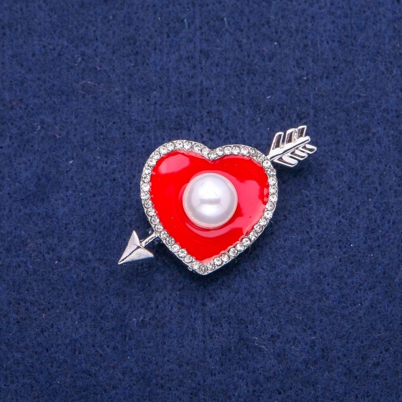 Heart-shaped Brooch with Red Enamel, White Crystals, and Seed Bead, 25×42 mm, Silver-Toned Metal