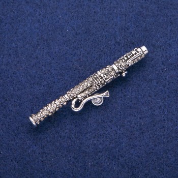 Brooch 'Bassoon' with gray crystals 12×62 mm, silver metal
