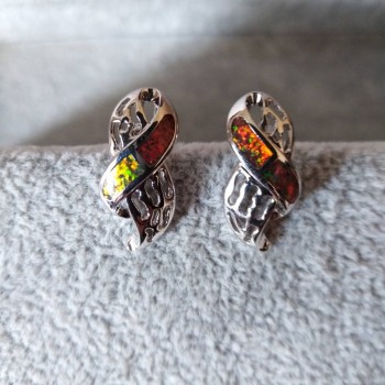 Lace-Style Opal Stud Earrings, Synthetic Opal Insert, Silver Color / 20×10 mm