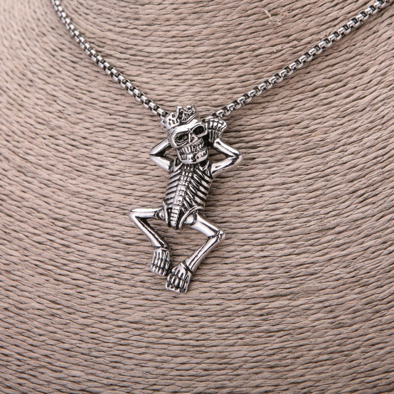 Pendant 'Skeleton in a Crown' 27×49 mm on chain, 65 cm chain length, silver color