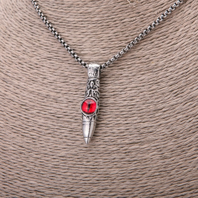 Sphere Pendant with Red Dragon Eye 9x43 mm on Chain, 65 cm Length, Silver