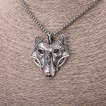 Wolf Head Pendant 42 × 47 mm on a chain, chain length 65 cm, silver-colored metal