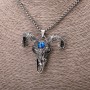 Goat Skull Pendant Amulet with Blue Eye, 44×51 mm, on Chain, 65 cm Length, Silver Metal