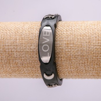 Bracelet with metal inlays, 21 cm long, 15 mm thick, rubber, black color, with clasp