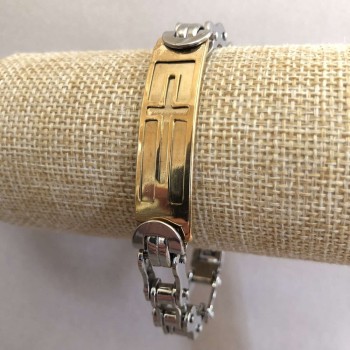 Stainless steel bracelet with a clasp, 12 mm thick, 21 cm long, silver and gold-tone