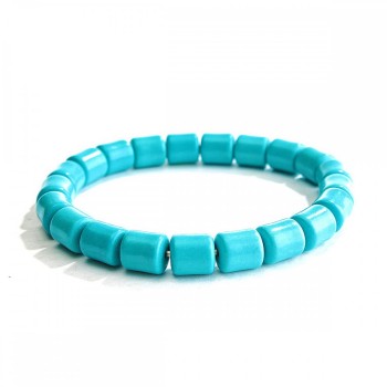 Elastic bracelet with blue turquoise cylinder beads, 8.5×9 mm