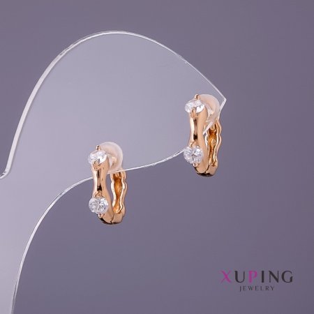 Xuping Earrings with White Stones, 3.5 mm Diameter, 12 mm Length, Gold Color
