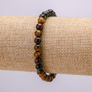 Elastic bracelet with natural stones: Tiger's Eye, Bull's Eye, Hawk's Eye, 18 cm circumference, smooth bead, 6 mm diameter +