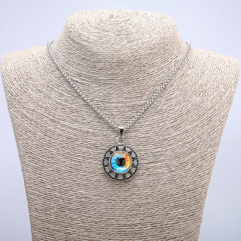 Eye Pendant in Bezel Setting 42×30 mm on Chain, 70 cm Length, Silvery Metal