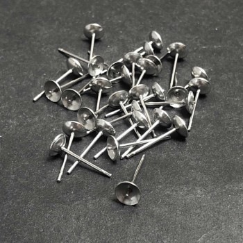 Silvery metal stud earring bases, 4mm diameter, 14mm length, 30 pcs +