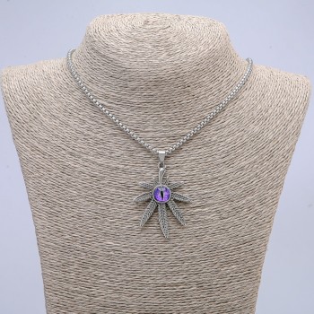 Pendant 'Hemp Leaf with Dragon Eye' 38×55 mm on chain, length 65 cm, silver-colored metal