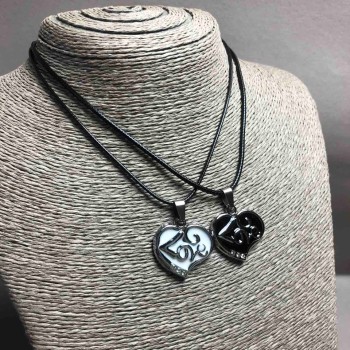 Pair of Pendants 'Heart Love' with Black and White Enamel, White Crystals 33×27 mm + -, Chain Length 45–50 cm