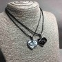 Pair of Pendants 'Heart Love' with Black and White Enamel, White Crystals 33×27 mm + -, Chain Length 45–50 cm