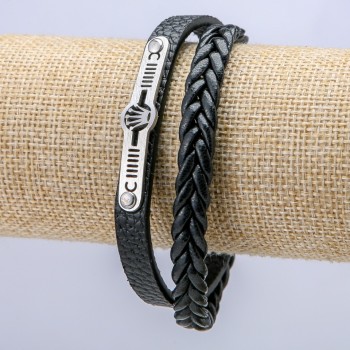 Men's bracelet in black eco-leather, 8.5 mm thick, with silver-tone inserts, length 21 cm