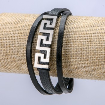 Men's bracelet in black eco-leather, 10 mm thick, with a silver insert, 21 cm long