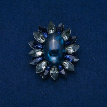 Flower Brooch 50x43 mm Cabochon Agate, blue and gray, silver-tone metal