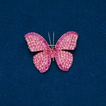 Butterfly Brooch with Pink and Raspberry Crystals, Gold-Tone Metal 35x45 mm +