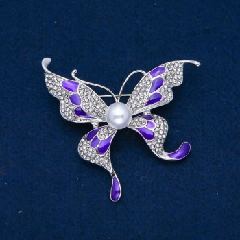 Brooch Butterfly with white crystals, enamel, bead, silver-tone metal 60x60mm +