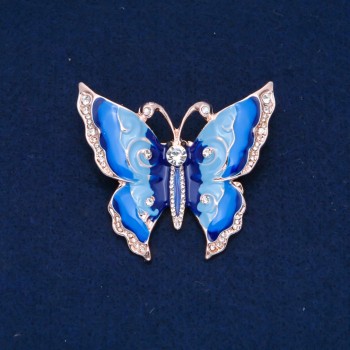 Butterfly Brooch with White Crystals, Light Blue and Blue Enamel, Gold-Tone Metal 47×52 mm +