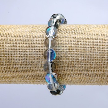 Blue opal glass bracelet with chameleon effect on elastic, smooth bead, 10 mm diameter, 18 cm length