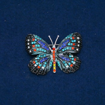 Butterfly Brooch in Silver-Tone Metal with Multicolored Rhinestones, 35×50 mm +