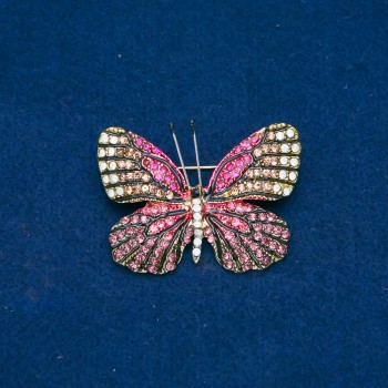 Butterfly Brooch, gold-toned metal, pink, gold and white crystals, 38x47 mm +