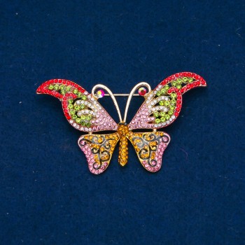 Brooch 'Butterflies' in gold-tone metal with multicolored rhinestones, 64×37 mm +