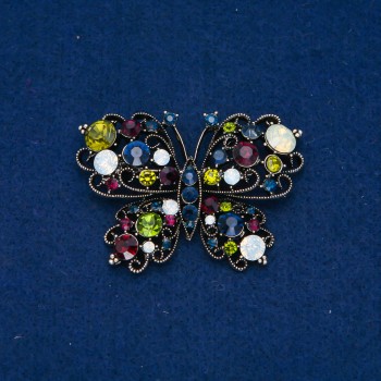 Butterfly Brooch in Dark Gold Metal with White Crystals, 38×54 mm