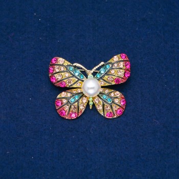 Butterfly Brooch, gold-toned metal, multicolored rhinestones and bead 33x42 mm +